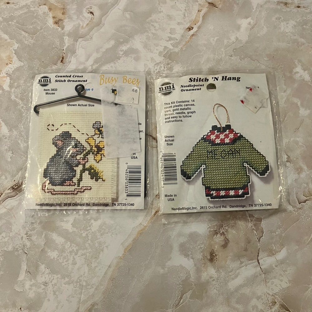 NeedleMagic Vintage Ornament Kits Busy Bees Mouse & Green Sweater Needlepoint